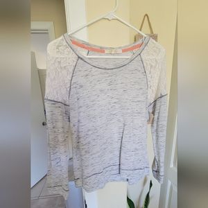 Heather Grey Long Sleeve, White Lace Shoulder Accents, S